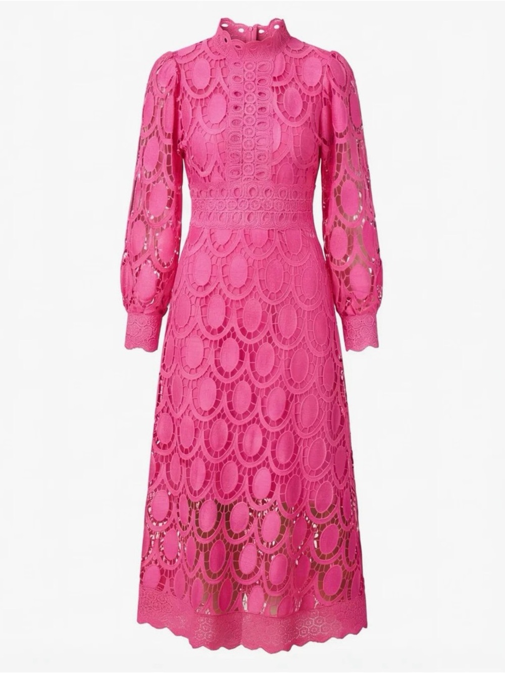 High-Neck Lace Midi Dress in Hot Pink